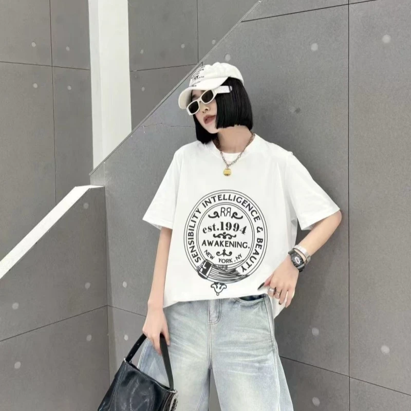 1994正肩半袖上衣2501时尚休闲百搭夏季宽松潮流圆领饕餮大码女装