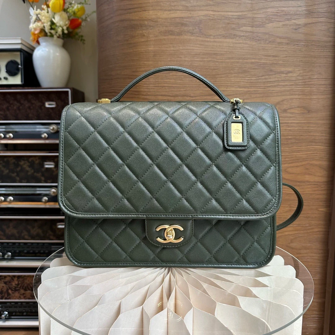 99新 Chanel/香奈儿 22K荔枝皮大号双肩包古巴绿复古牛油果金扣