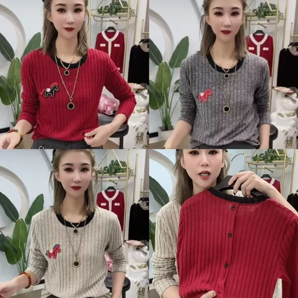 大码秋冬新款圆领小马长袖针织磨毛百搭上衣打底