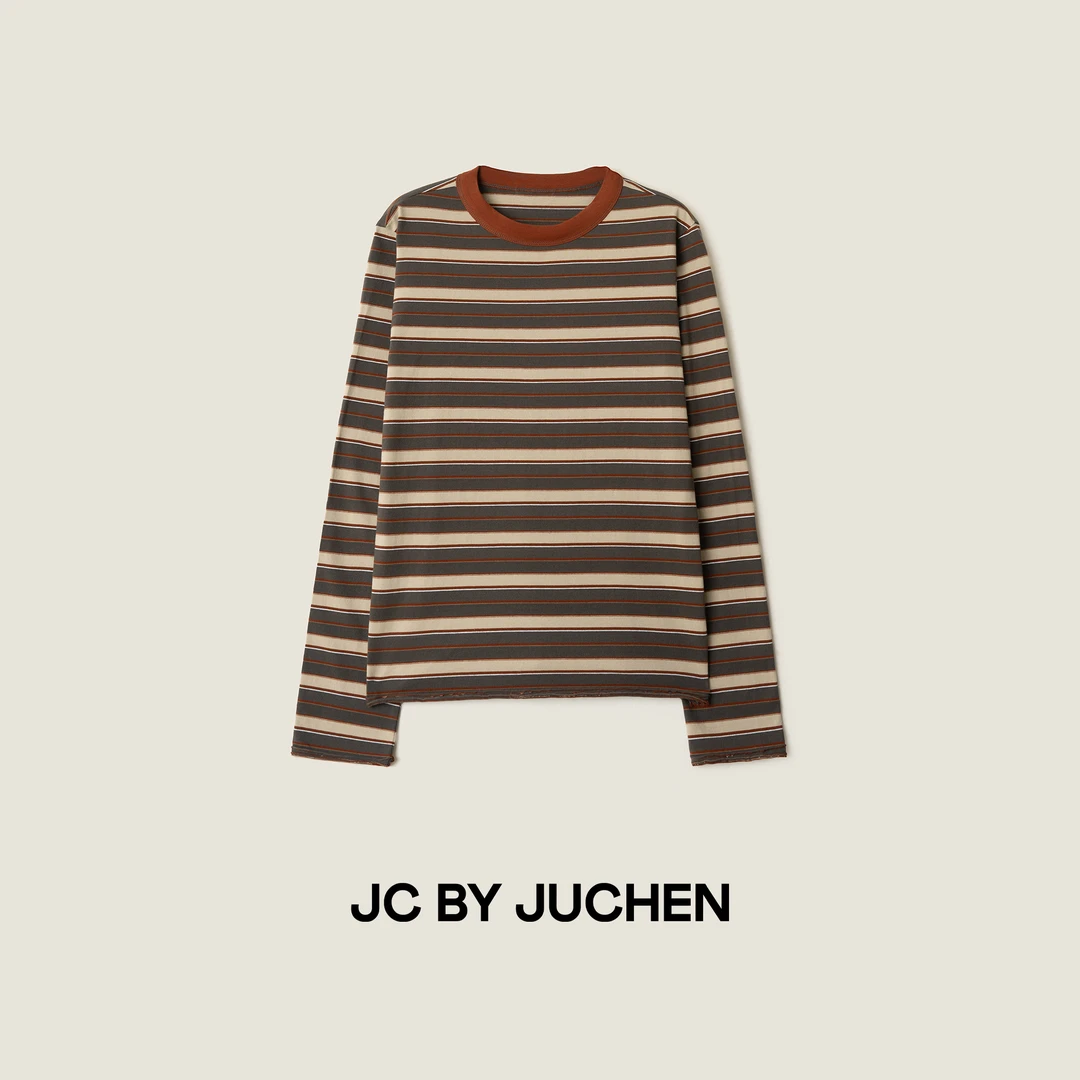 复古胶片美学多彩条加厚舒适棉质撞色条纹宽松长袖T恤 FW105477