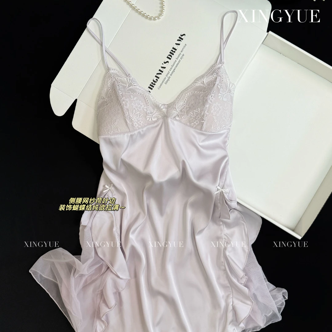 紫菱性感睡衣新款高级感纯欲风情侣紫色战袍睡裙带胸垫私房家居服