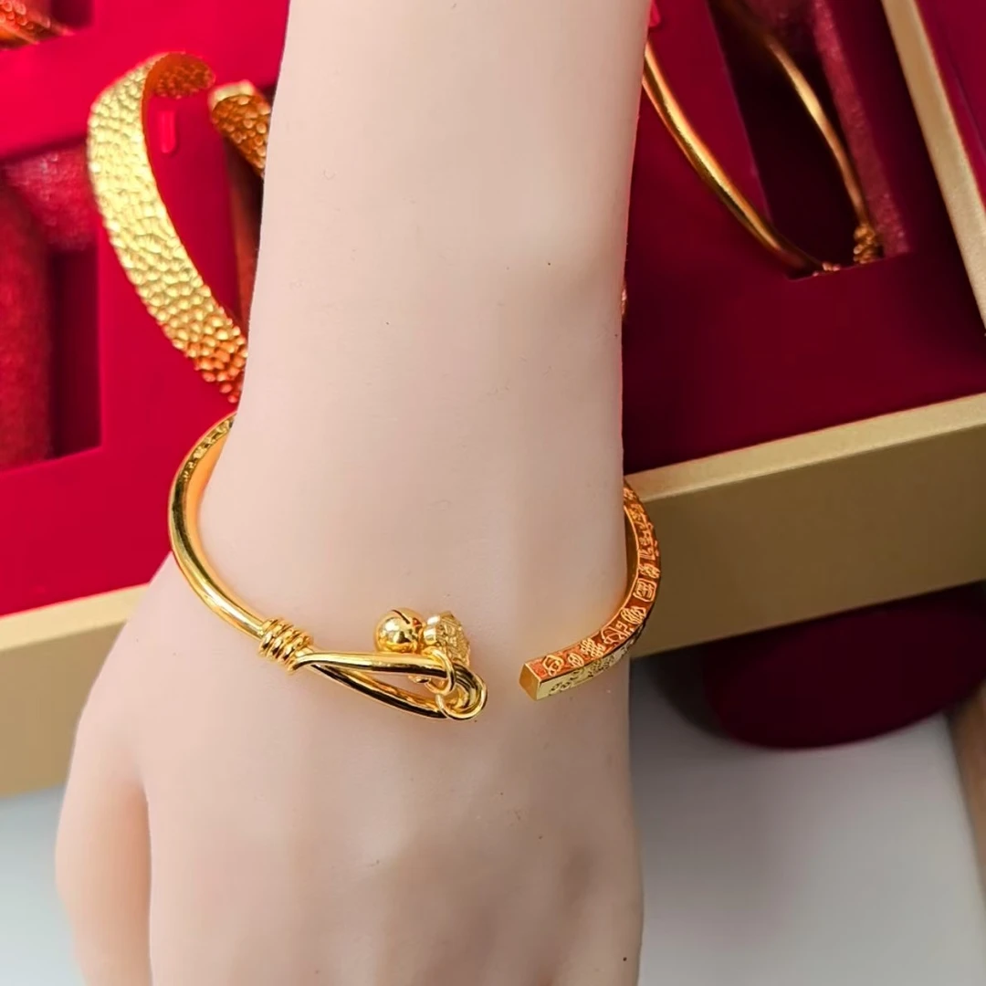 足银手镯 包厚金工艺国潮四方吉言镯子女开口民族风铃铛如意手镯