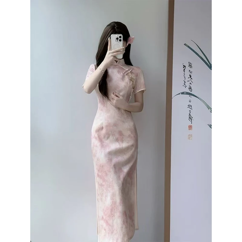 0364 粉色 3扣 【夹竹桃】短袖 旗袍 没有流苏