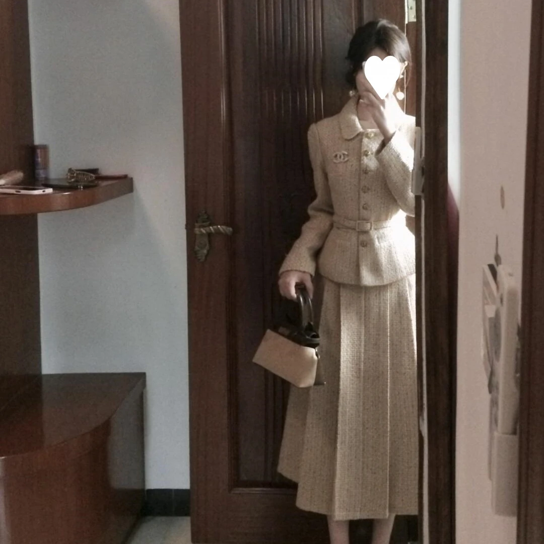 港风chic富家千金感翻领收腰外套小个子轻熟高腰百褶半身裙两件套