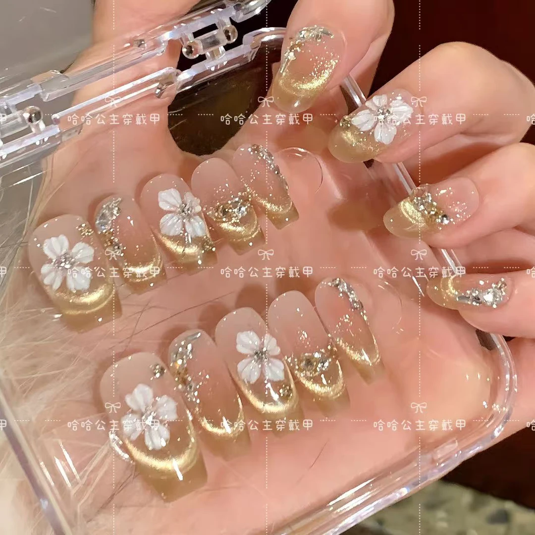 【花瓣月影】金色猫眼手绘花花金色拼钻猫眼手工美甲哈哈
