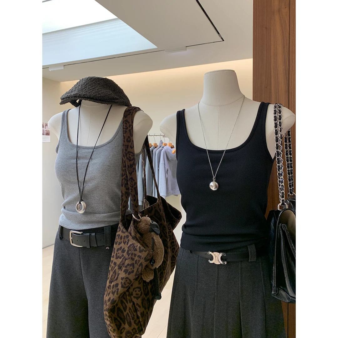 莱赛尔亲肤螺纹棉U领吊带背心带胸垫一体美背女高级纯简修身背心