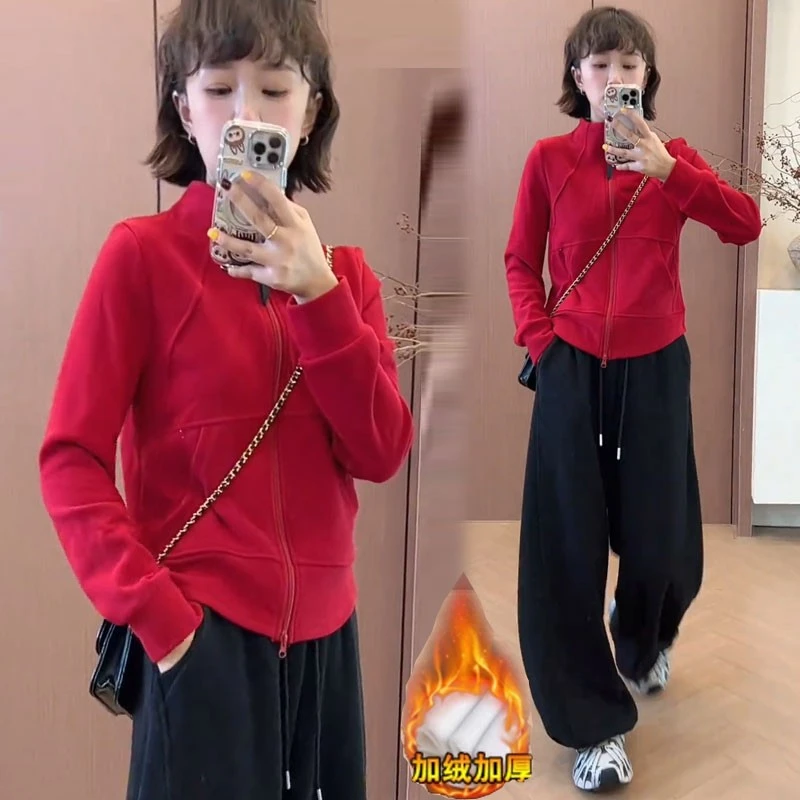 加绒加厚时尚套装女秋冬新款洋气显瘦立领卫衣阔腿裤休闲两件套