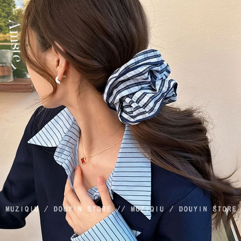 木子秋韩系高级感蓝色条纹大肠发圈精致优雅气质时尚少女搭发绳