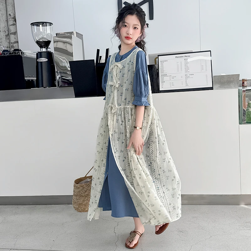 女童连衣裙夏季2025新款洋气时髦无袖蕾丝背心宽松两件套休闲风潮