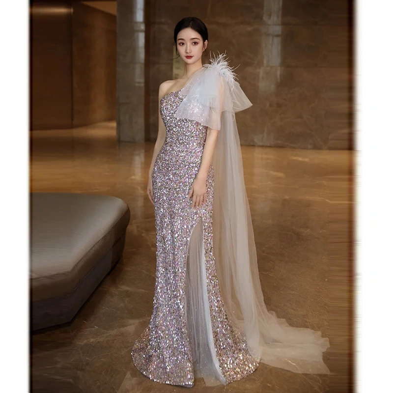 敬酒服新娘2025新款银色鱼尾亮片主持人订婚学生日成人礼艺考礼by