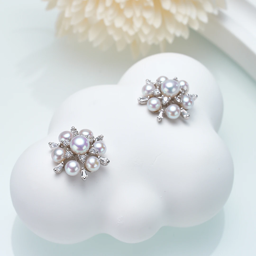 S925银 淡水珍珠重工镶嵌小花耳饰DES020手工白色女王清新精致