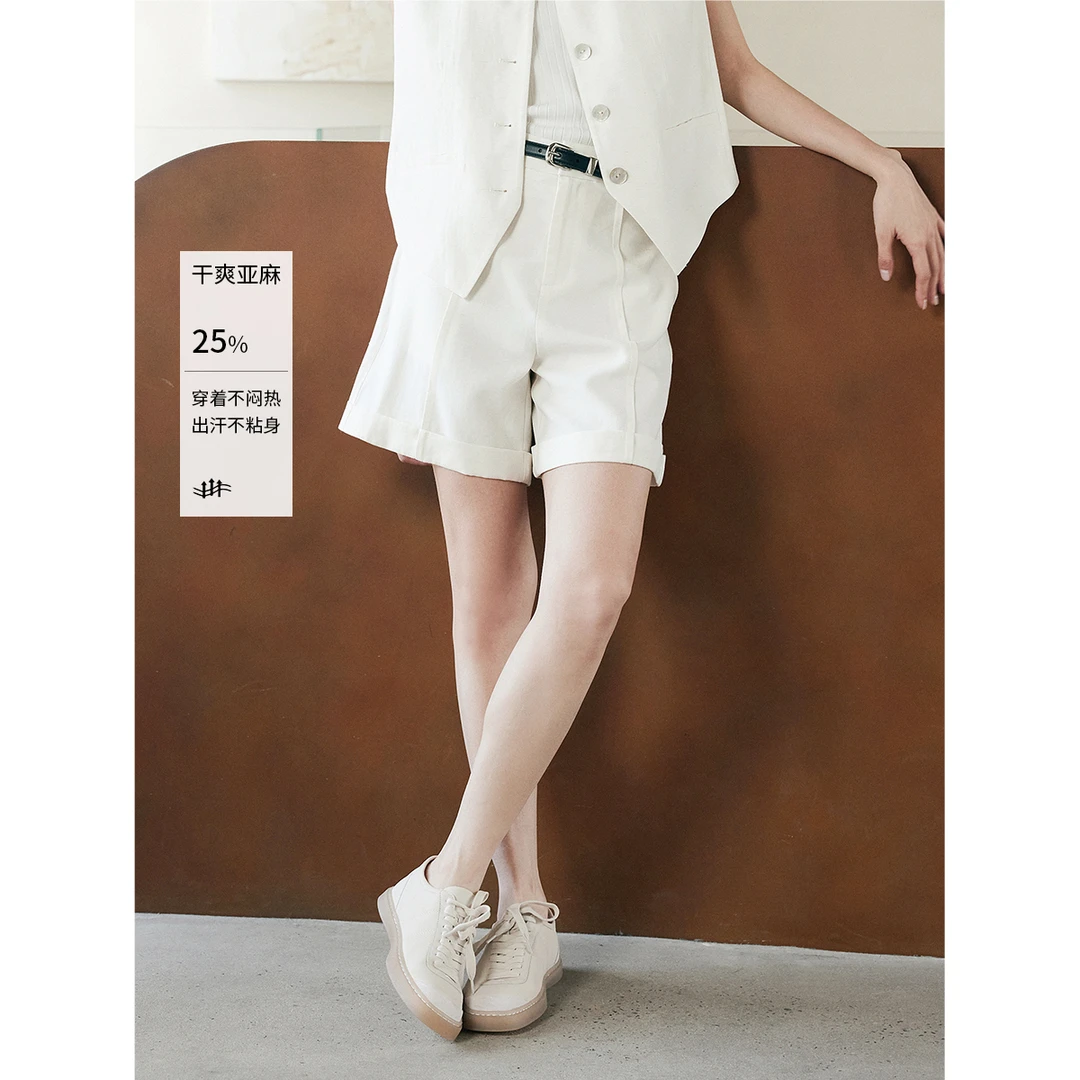 MUUMUN慕马简约百搭小个子高腰卷边直筒休闲裤亚麻短裤
