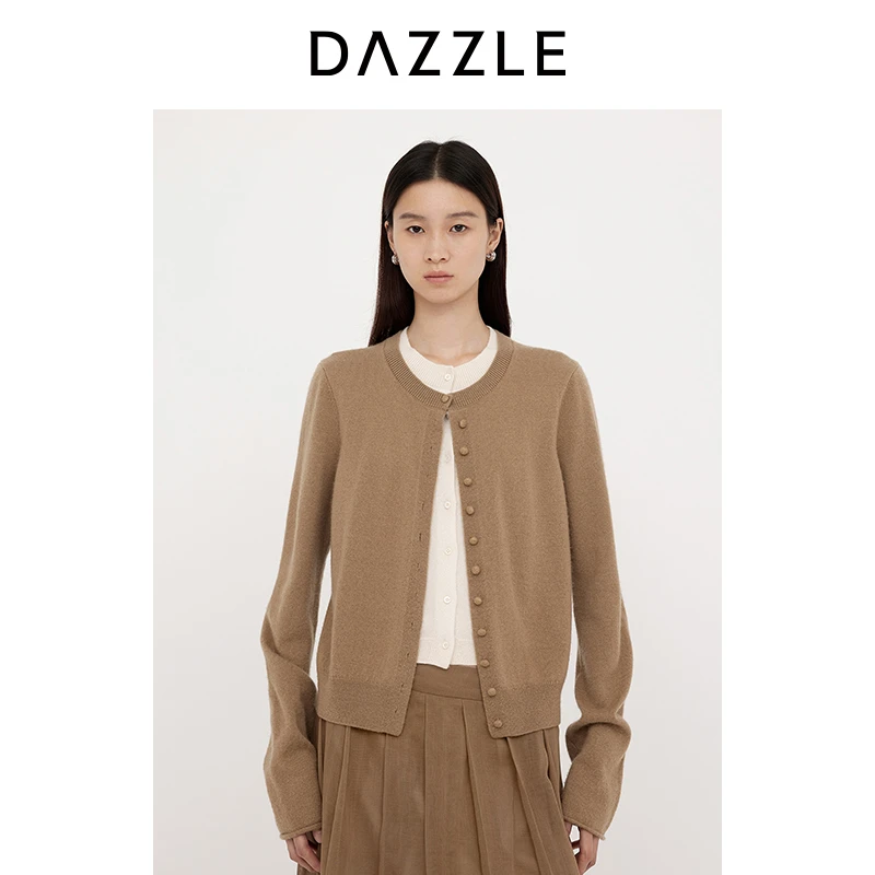 DAZZLE 地素毛衣2025年春季新款浅卡其色针织假二件开衫2J1E519