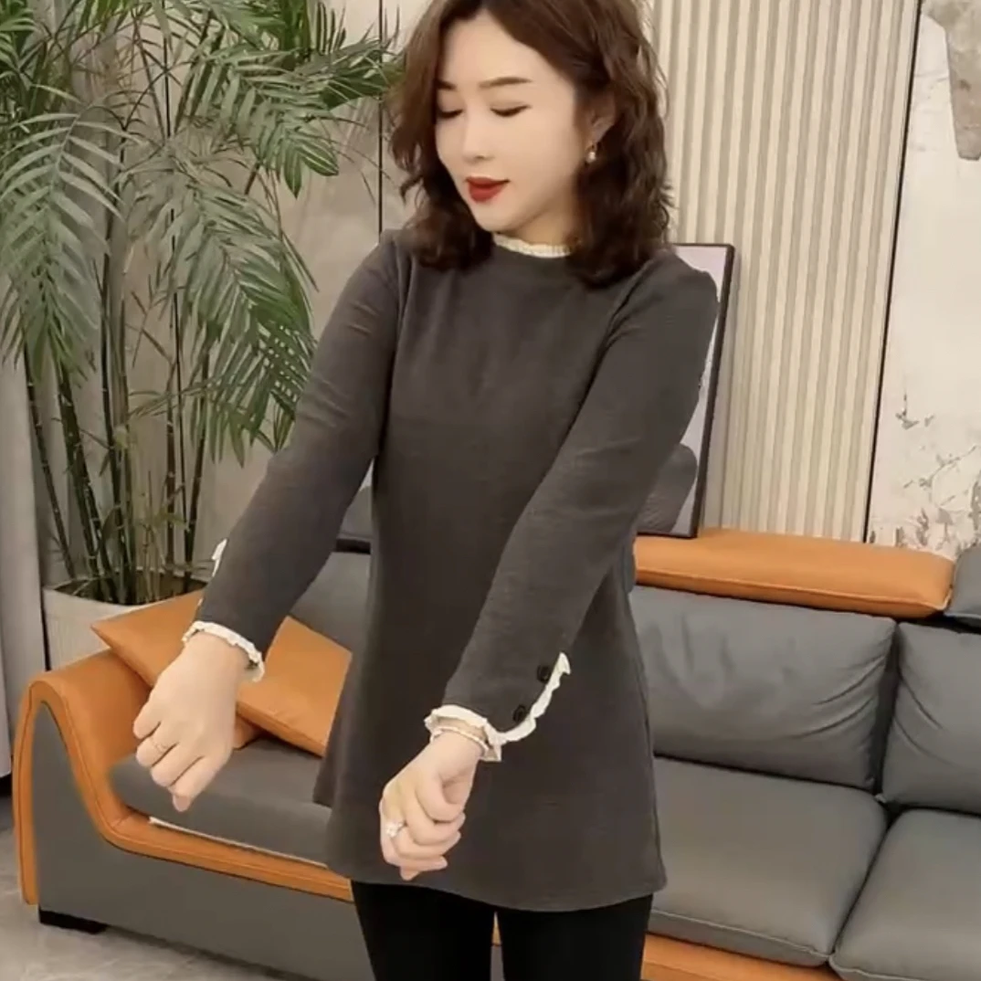 冬季新款圆领蕾丝花边拼接半高领加绒加厚打底衫