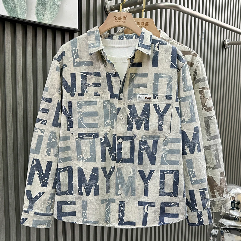 秋季新款日系潮流印花长袖衬衫时尚满印字母男装文艺休闲帅气衬衣