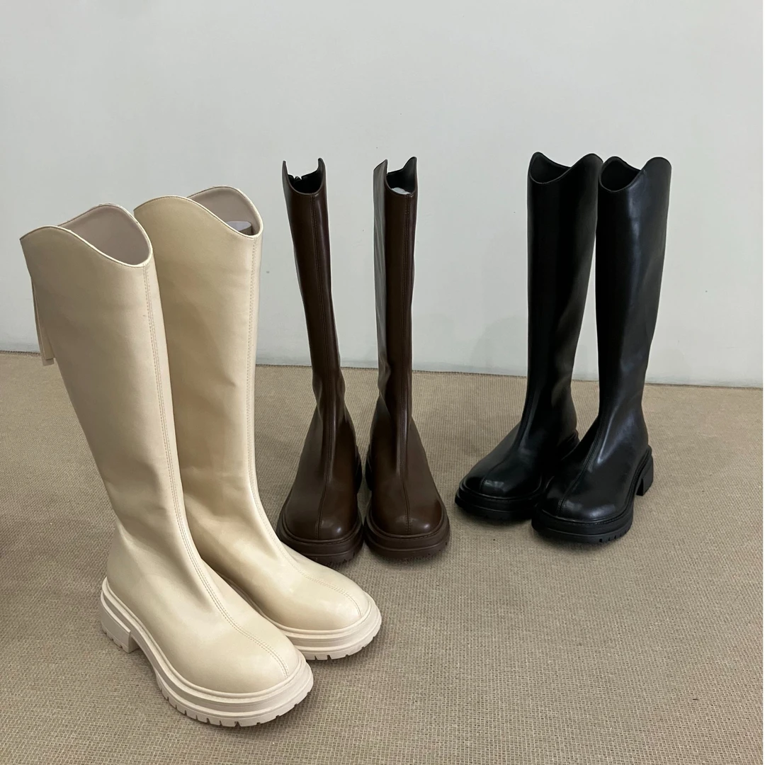 秋冬新款小个子不过膝长筒靴女圆头厚底时尚百搭V口骑士靴长靴