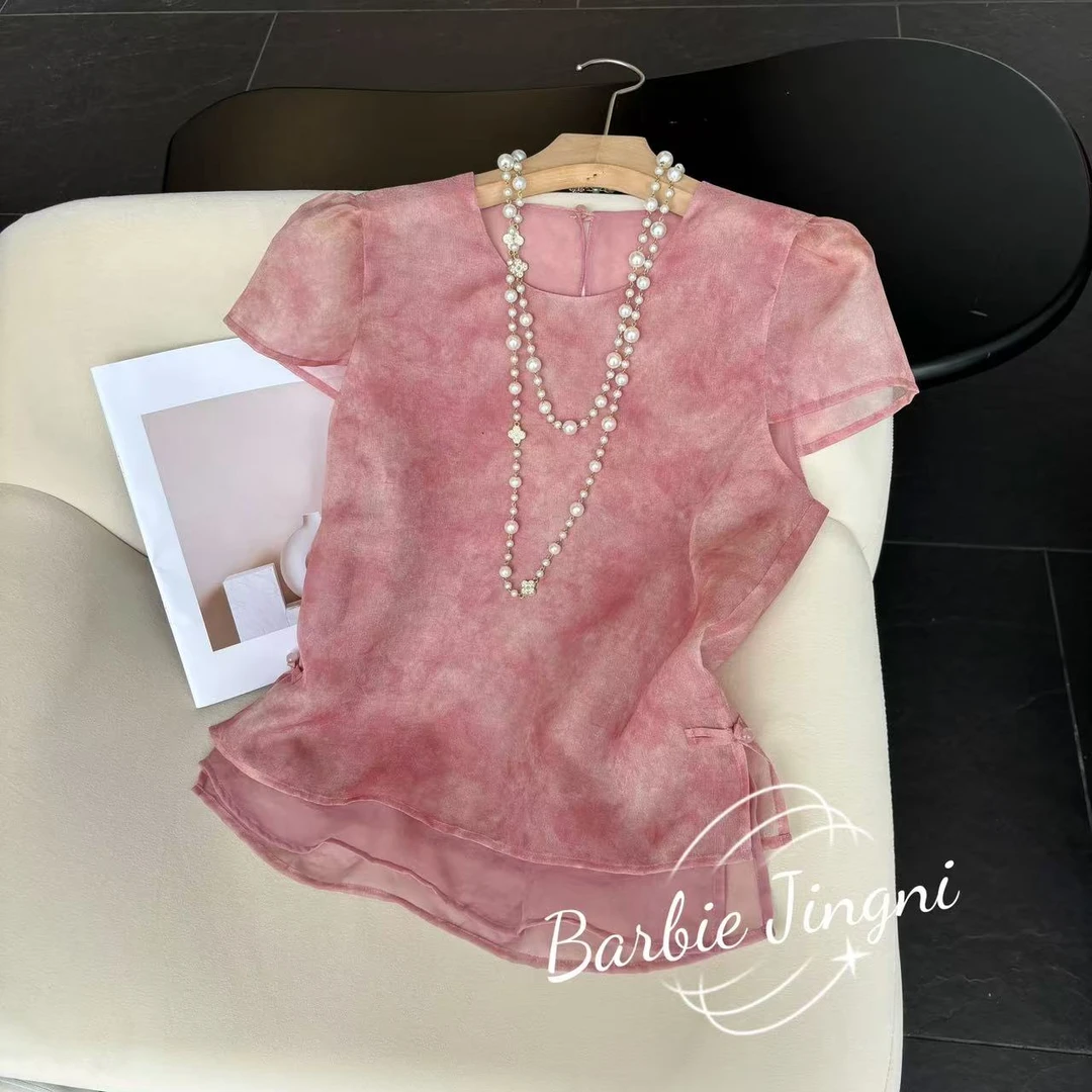 【Barbie Jingni】新中式国风网纱拼接晕染印花衬衫轻奢上衣C9879