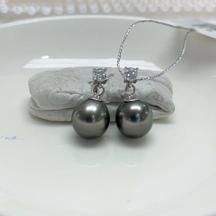 银S925镶嵌耳饰海水珍珠大溪地9-10m 24号