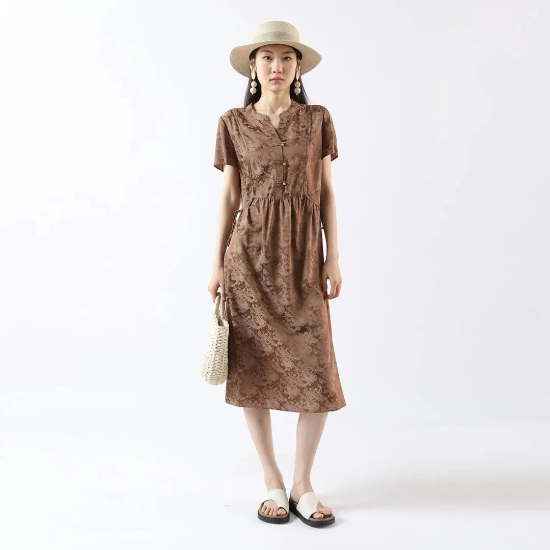 夏季热销系带收腰优雅气质V领时尚A字连衣裙X149
