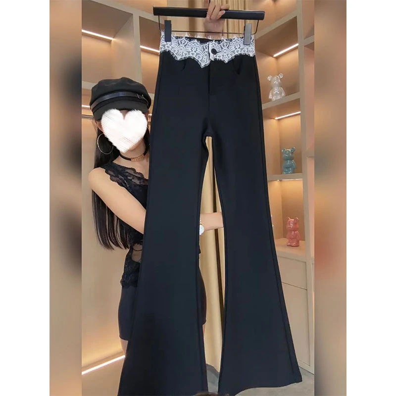 爆款蕾丝拼接微喇裤女2025春秋新款显瘦百搭喇叭裤西装拖地长裤子