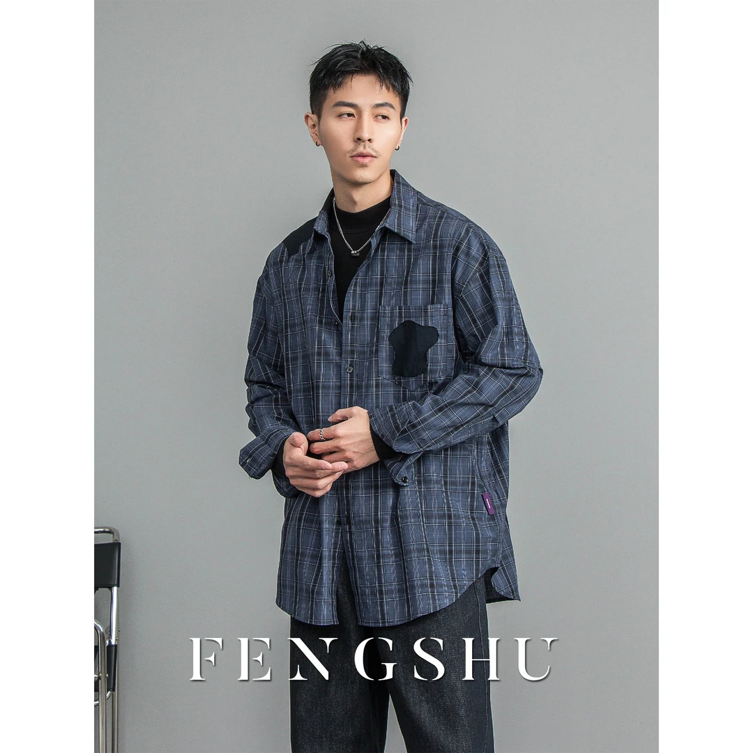 FENGSHU 复古格子磨破拼接衬衫男春季新款休闲长袖宽松衬衣外套潮