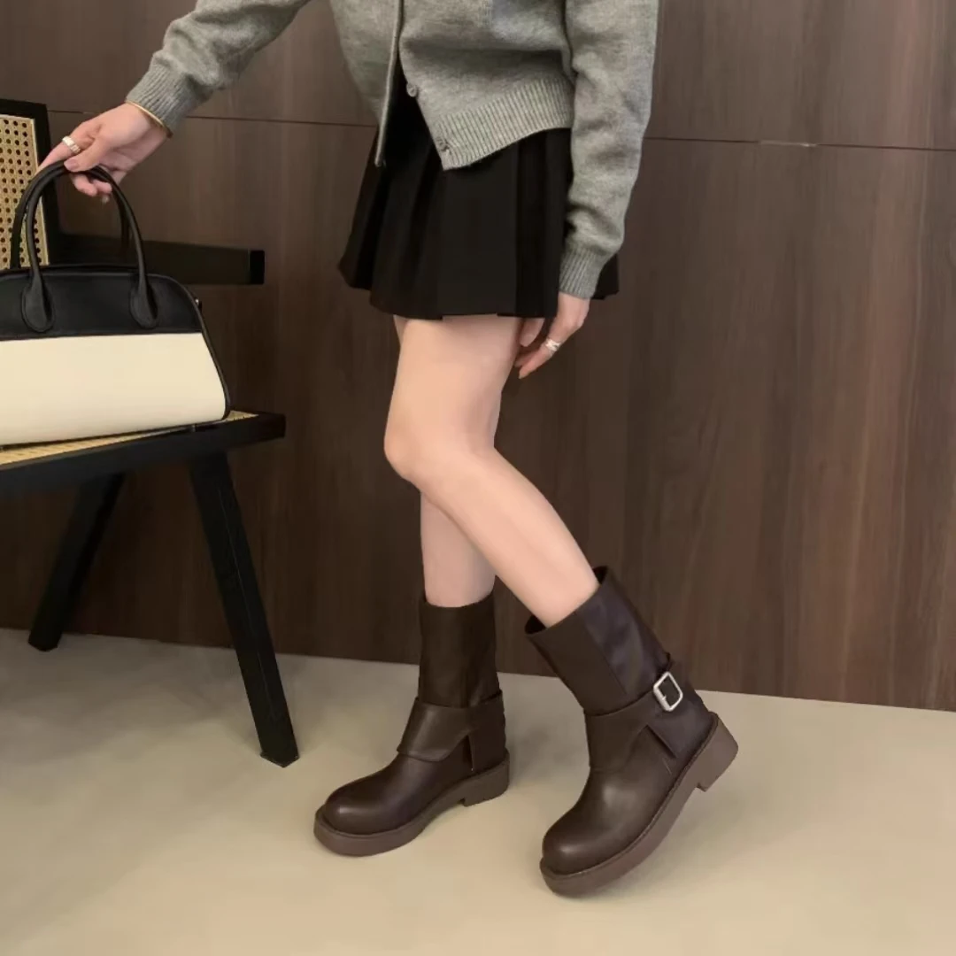 889-66 马丁靴女2024新款厚底中筒短靴皮带扣裤管靴子 DX/0113
