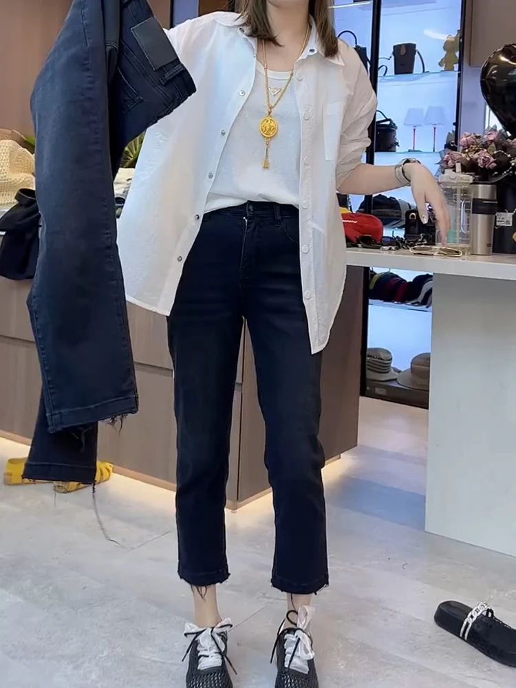 秋季薄款显瘦直筒黑灰色牛仔裤女小个子高腰弹力九分毛边法棍裤子