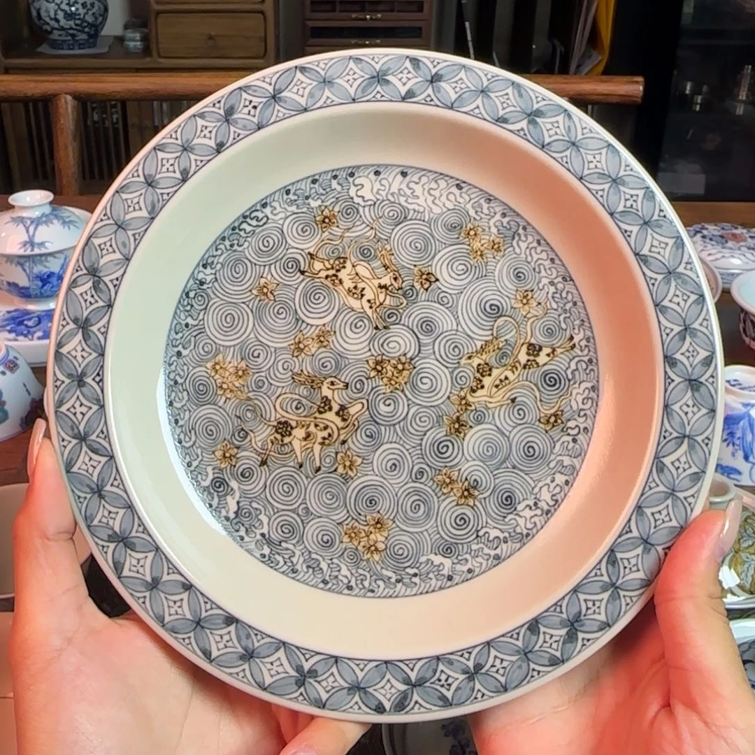 ?****?重工釉里金二号釉海水小鹿壶承纯手绘