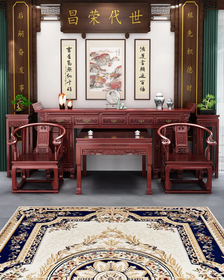 古典雕花实木中堂带抽带柜六件套条案供桌八仙桌农村自建房组合