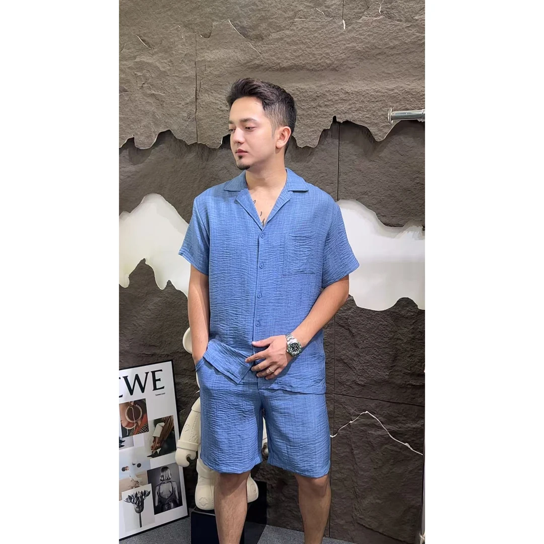 宽松透气夏季纱布薄款翻领短袖休闲简约套装情侣款睡衣