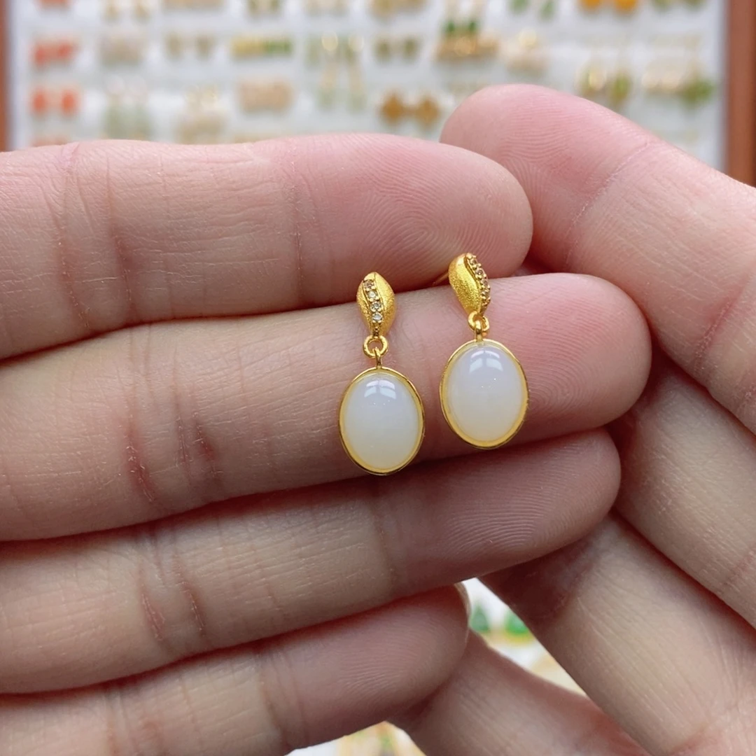 和田玉银S925镶嵌耳饰