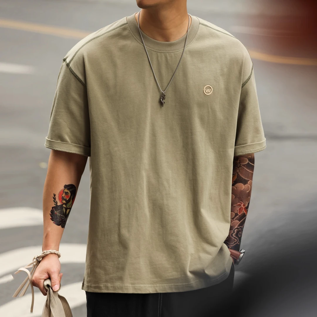 美式300g重磅立体简约刺绣短袖T恤男夏季撞色哈梭线设计纯棉体恤T