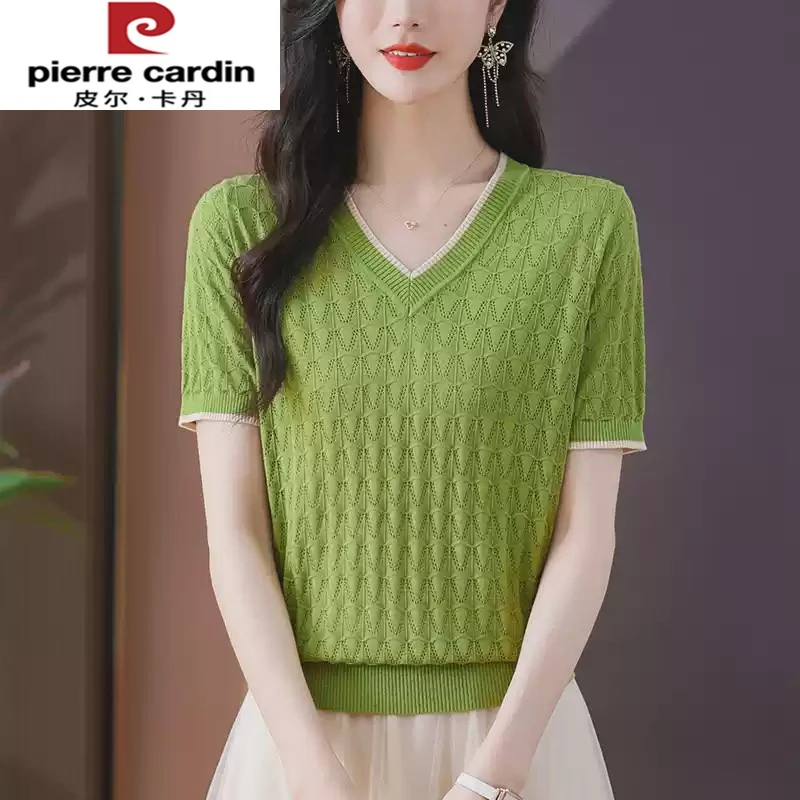 皮尔卡丹V领短袖t恤纺丝针织衫女新款夏季妈妈洋气半袖鸡心领上衣