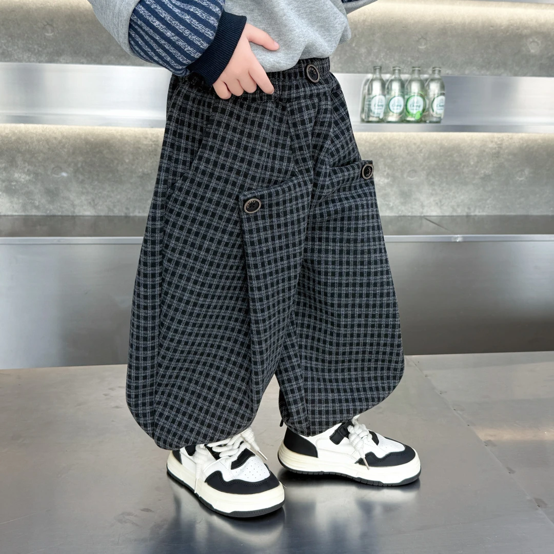 男童格子裤子加绒加厚冬季一体绒卫裤羊羔绒儿童秋冬款宝宝运动裤