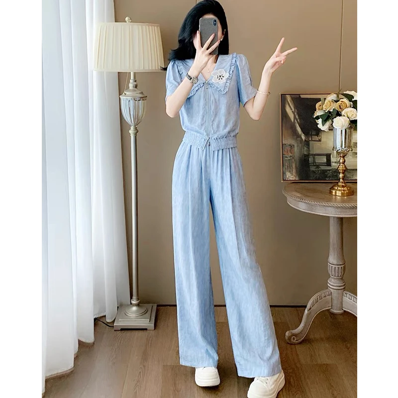 夏季减龄休闲短袖娃娃领上衣+小吊带+直筒裤时尚三件套