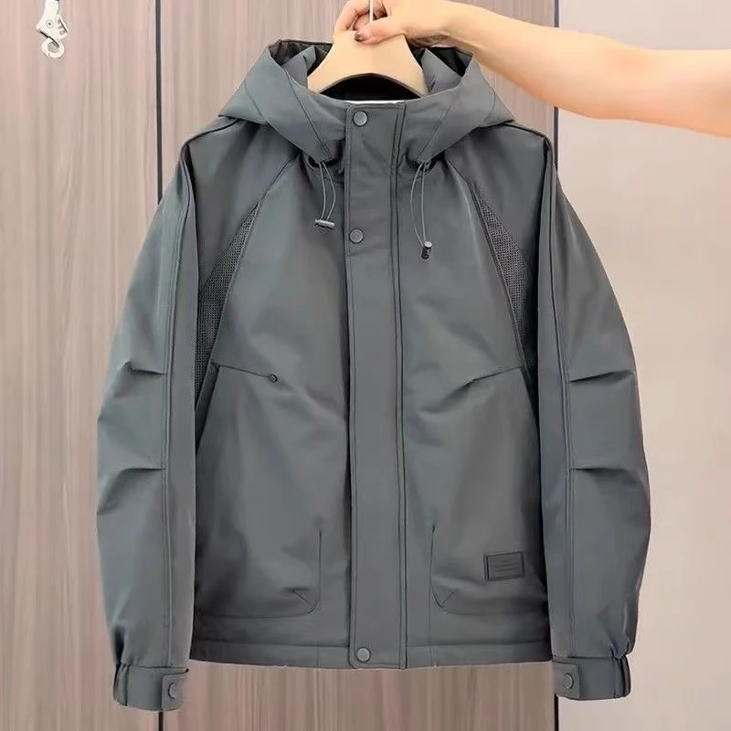 秋冬季新款工装连帽夹克男士宽松休闲时尚帅气百搭冲锋衣防风外套