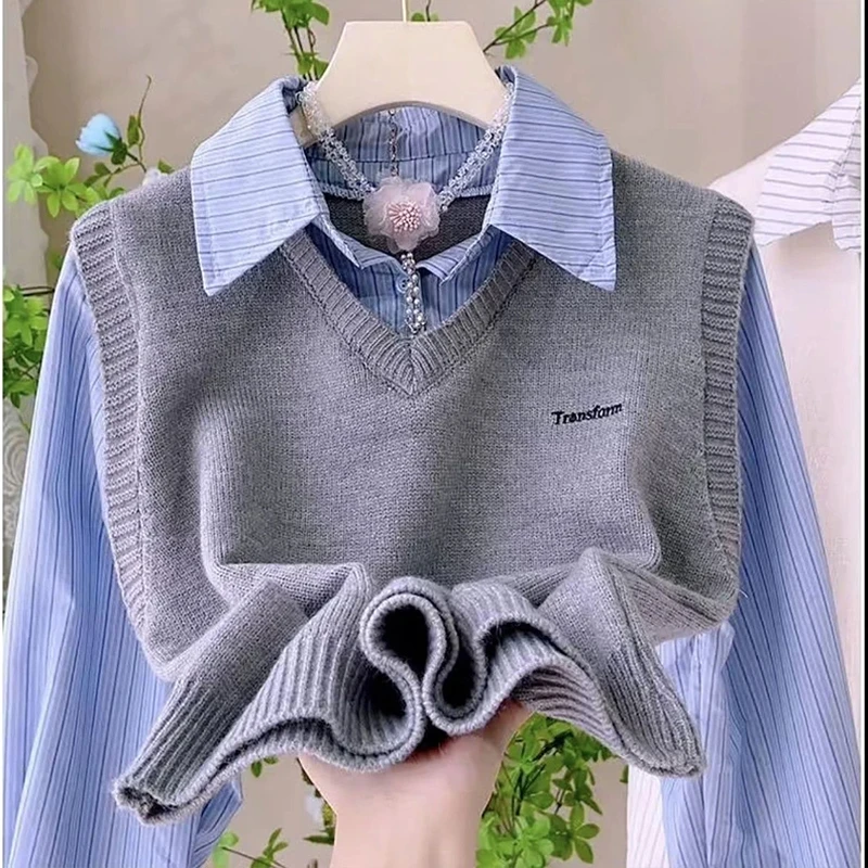 时尚假两件针织衬衫女2025春秋季新款胖mm遮肉显瘦减龄POLO领上衣