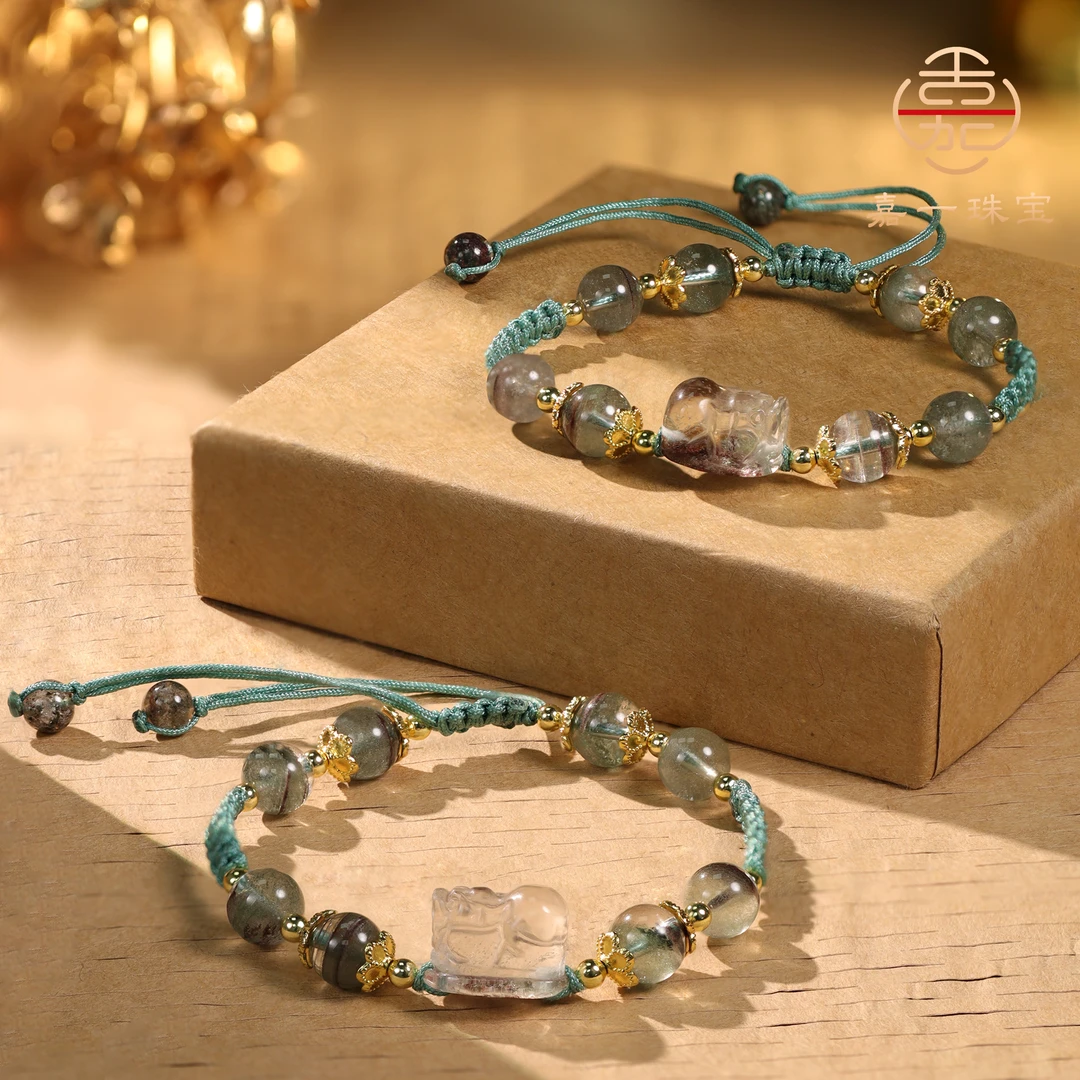 【嘉一珠宝】天然绿幽灵水晶貔貅圆珠编织手绳小众可调节多样性发一