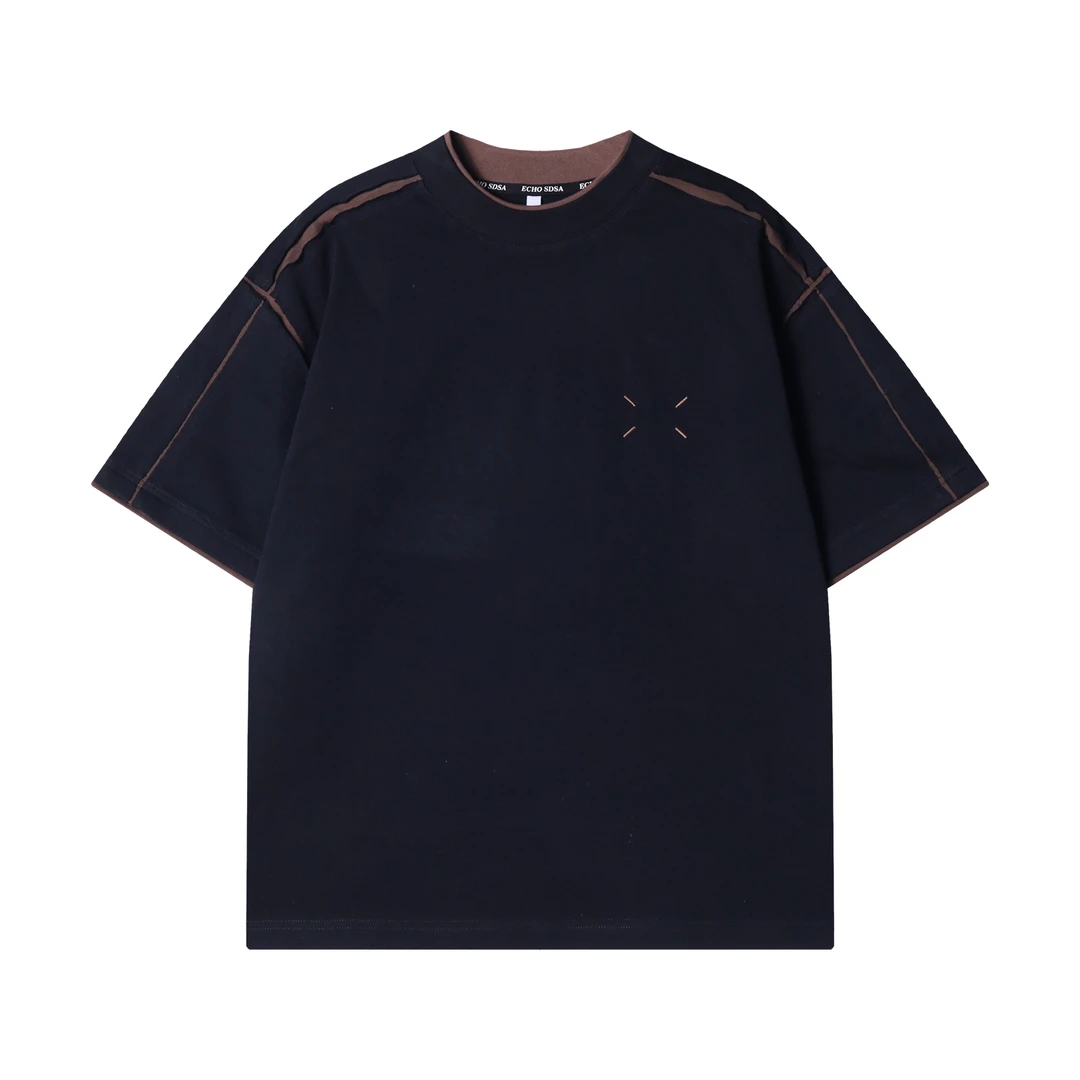 T2419新款时尚个性撞色缝线拼接设计圆领套头基础通勤百搭上衣