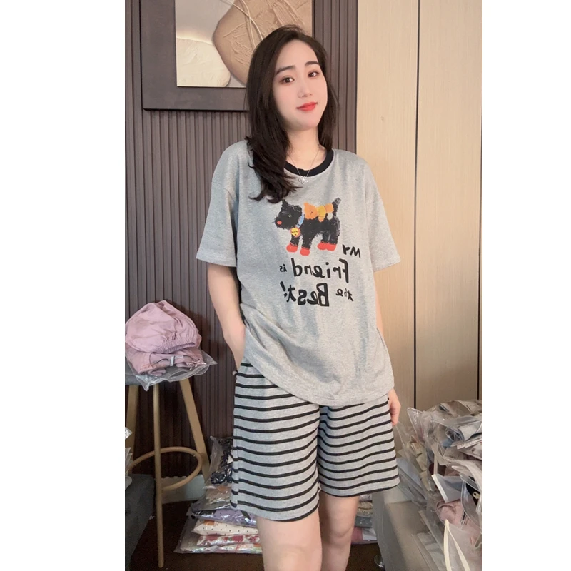 睡衣女夏款纯棉短袖短裤休闲可爱韩版可外穿家居服套装（铃铛小狗）