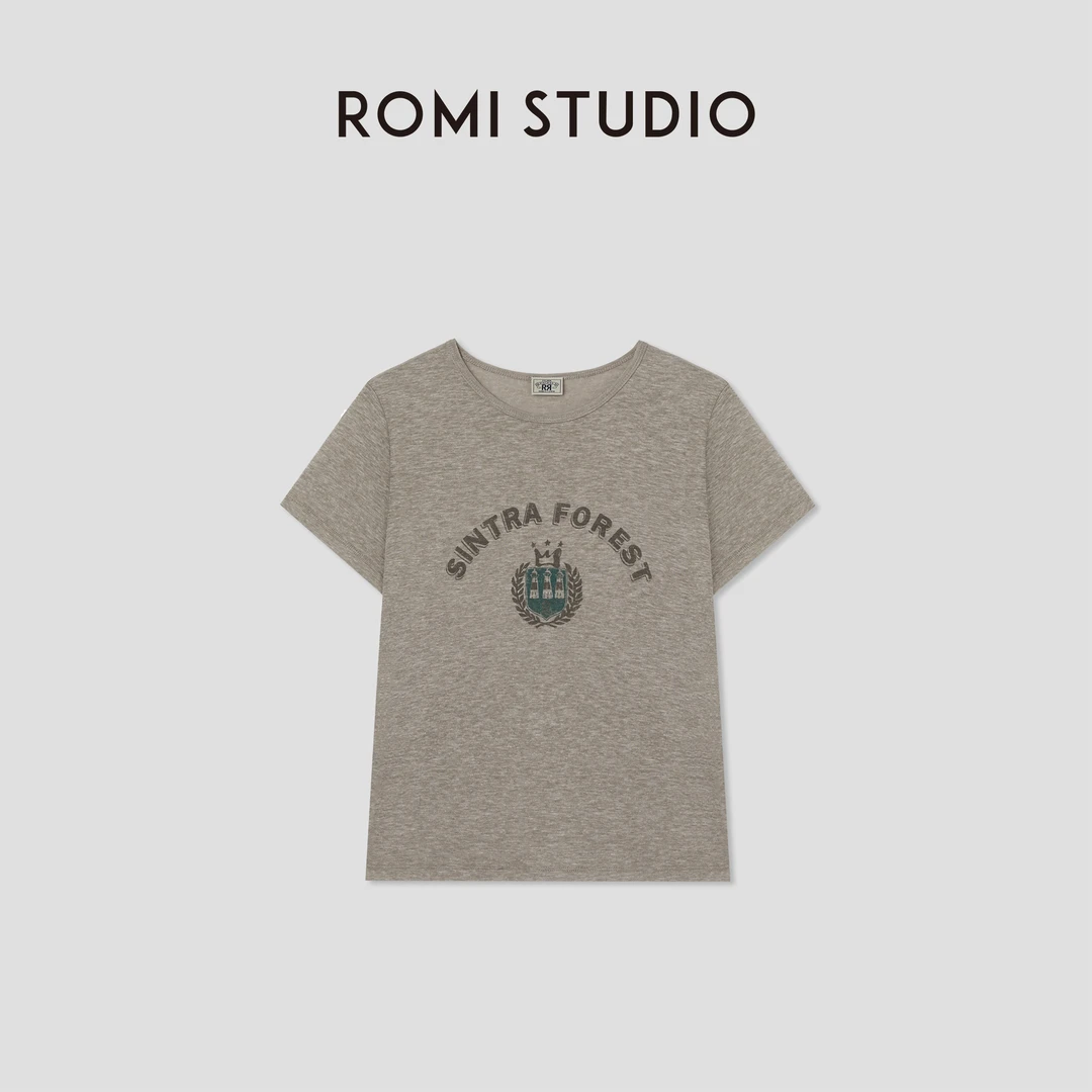 ROMI STUDIO“美式复古”花纱棉字母印花轻薄圆领短袖T恤RWCSSM1607