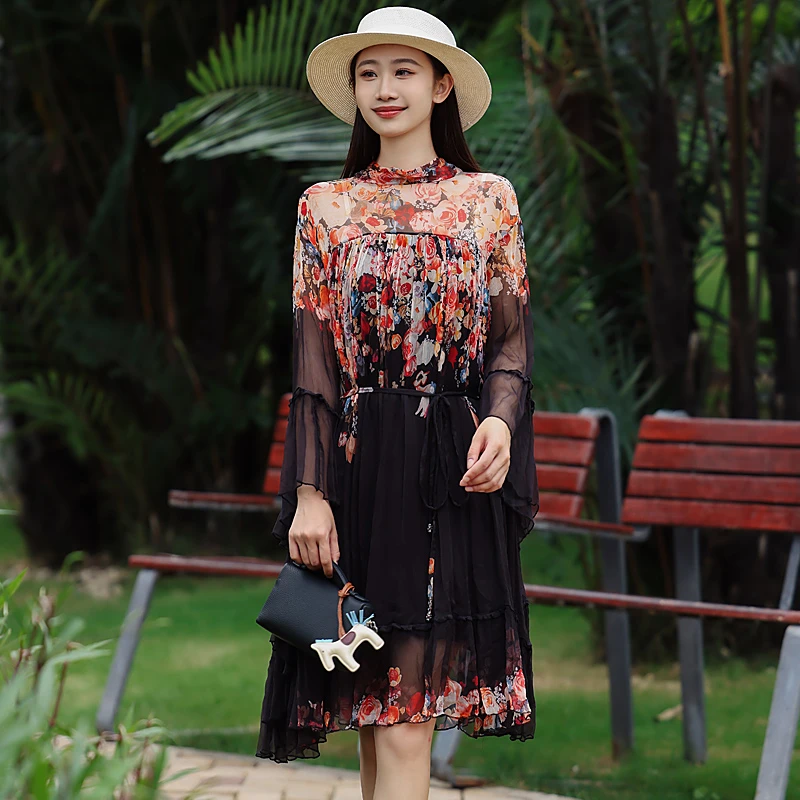 拜占庭的森林桑蚕丝连衣裙女高端印花宽松显瘦百搭轻薄透气中长款