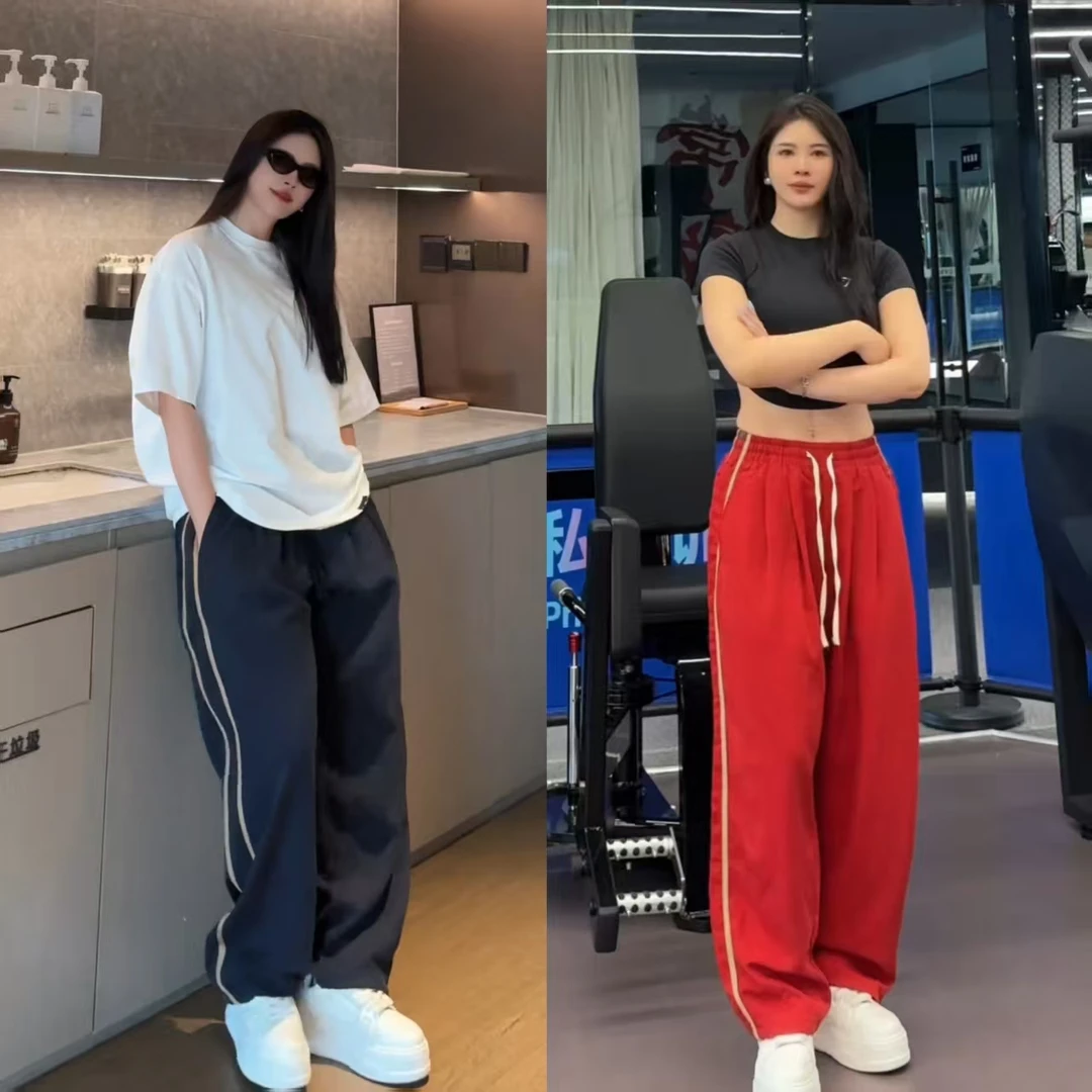 夏季新款侧条纹撞色休闲裤男潮流宽松百搭显瘦运动垂感阔腿直筒裤