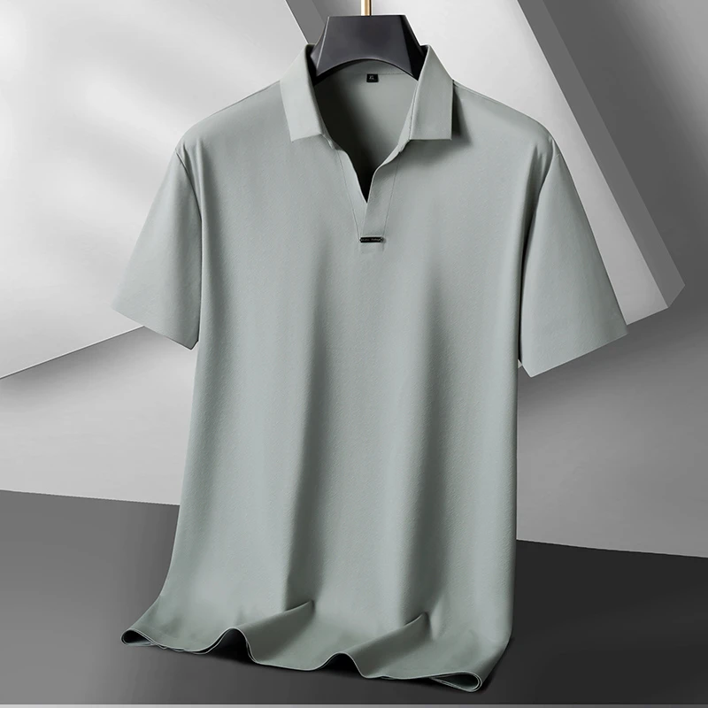 加大码男士冰丝凉感v领T恤宽松翻领短袖上衣胖子夏季弹力宽松体恤