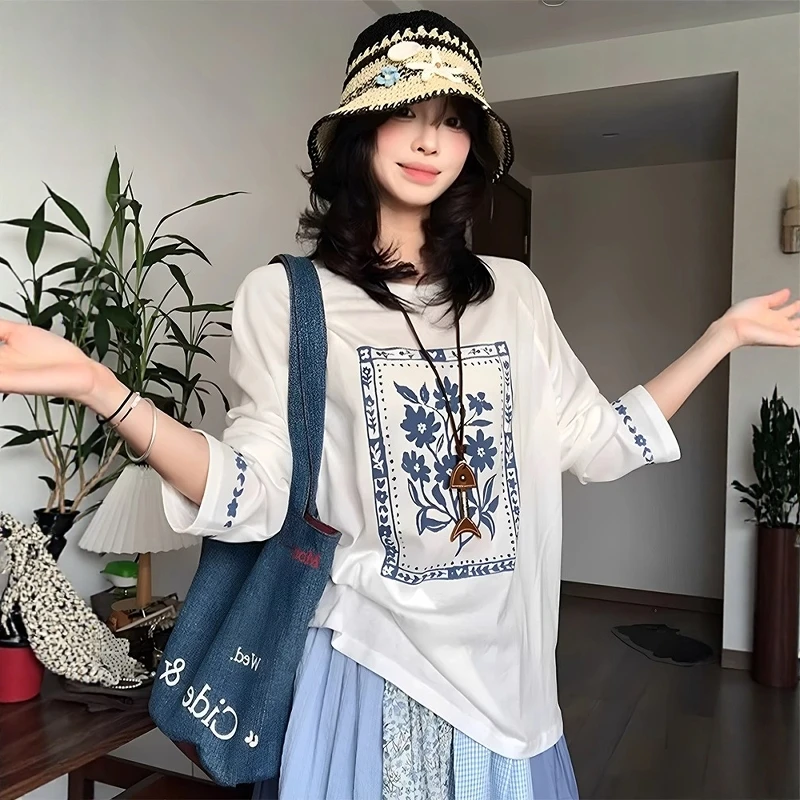 美式复古白色印花冰丝长袖t恤防晒罩衫女夏季外搭薄纱上衣空调衫