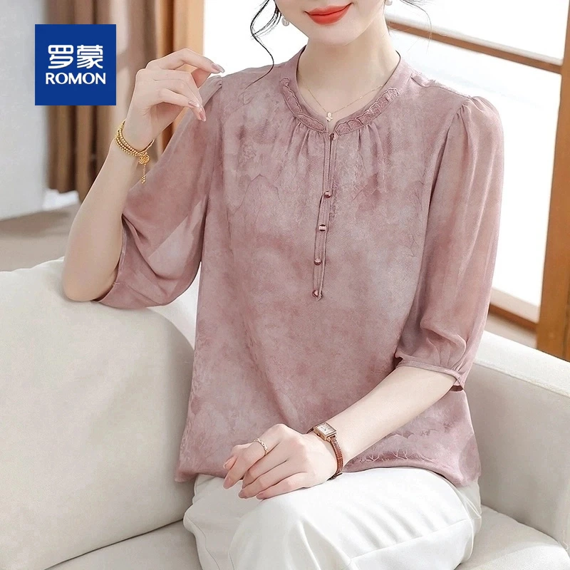 罗蒙妈妈夏装新中式衬衫上衣新款中老年女夏季洋气高档T恤小衫女