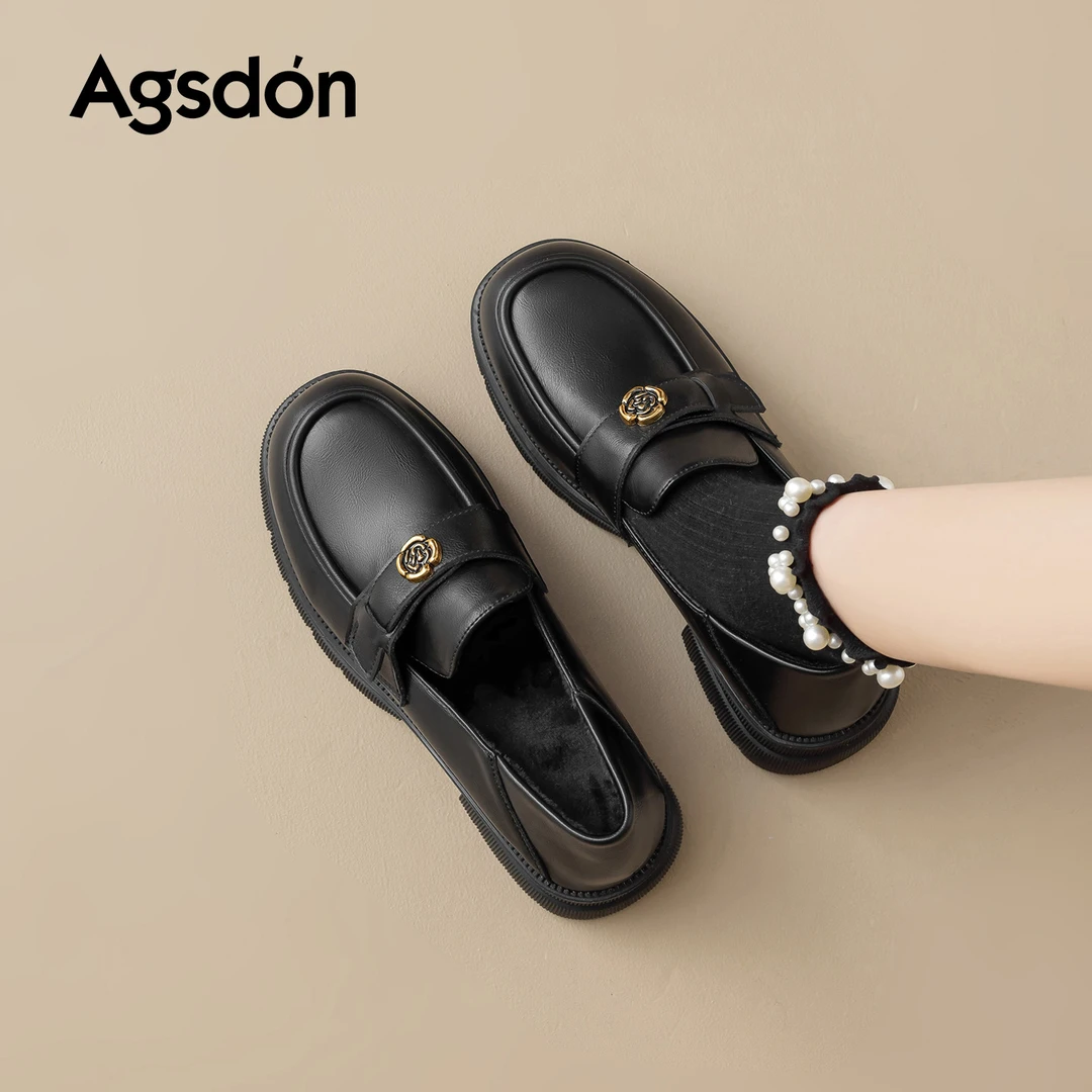 /奥古狮登黑色乐福鞋女2025新款秋冬厚底加绒山茶花保暖小皮鞋子Q