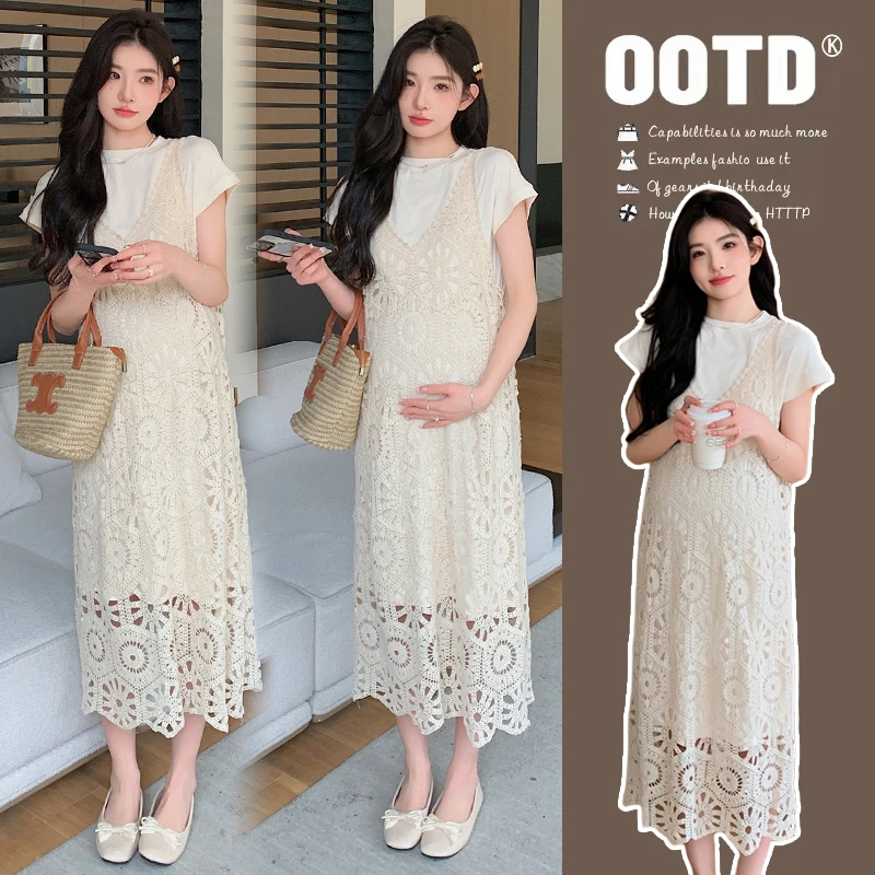 时髦孕妇装韩版显瘦套法式雾里花镂空气质蕾丝吊带连衣裙两件套潮