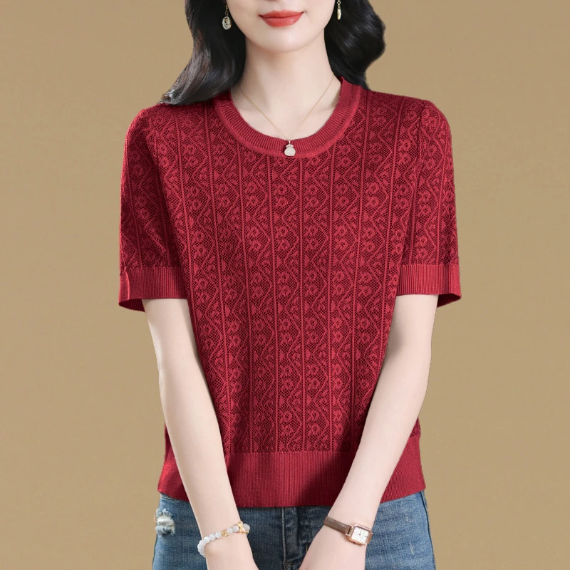 高端冰丝针织T恤女士短袖夏季薄款百搭轻奢体恤气质洋气镂空上衣