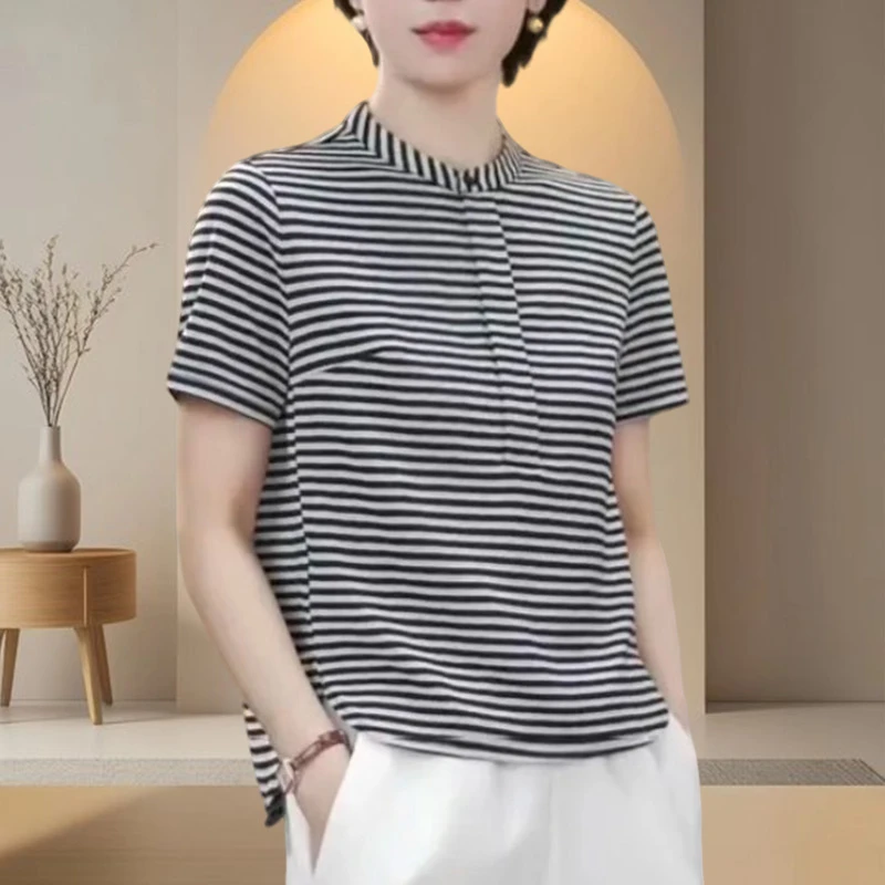 复古条纹休闲风立领短袖夏季纯棉女士t恤衫时尚百搭显瘦拼接上衣